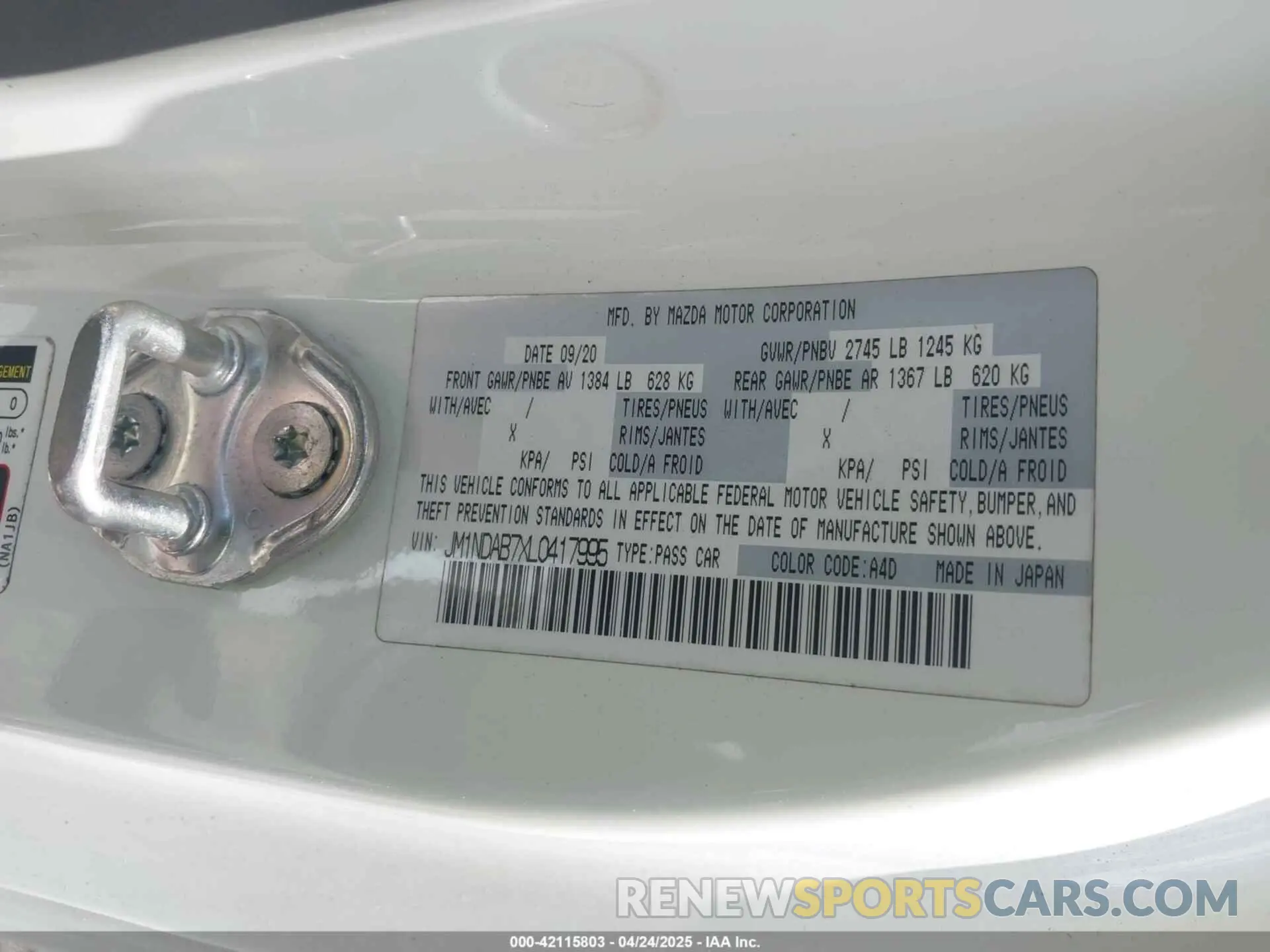 9 Фотография поврежденного автомобиля JM1NDAB7XL0417995 MAZDA MX-5 MIATA 2020