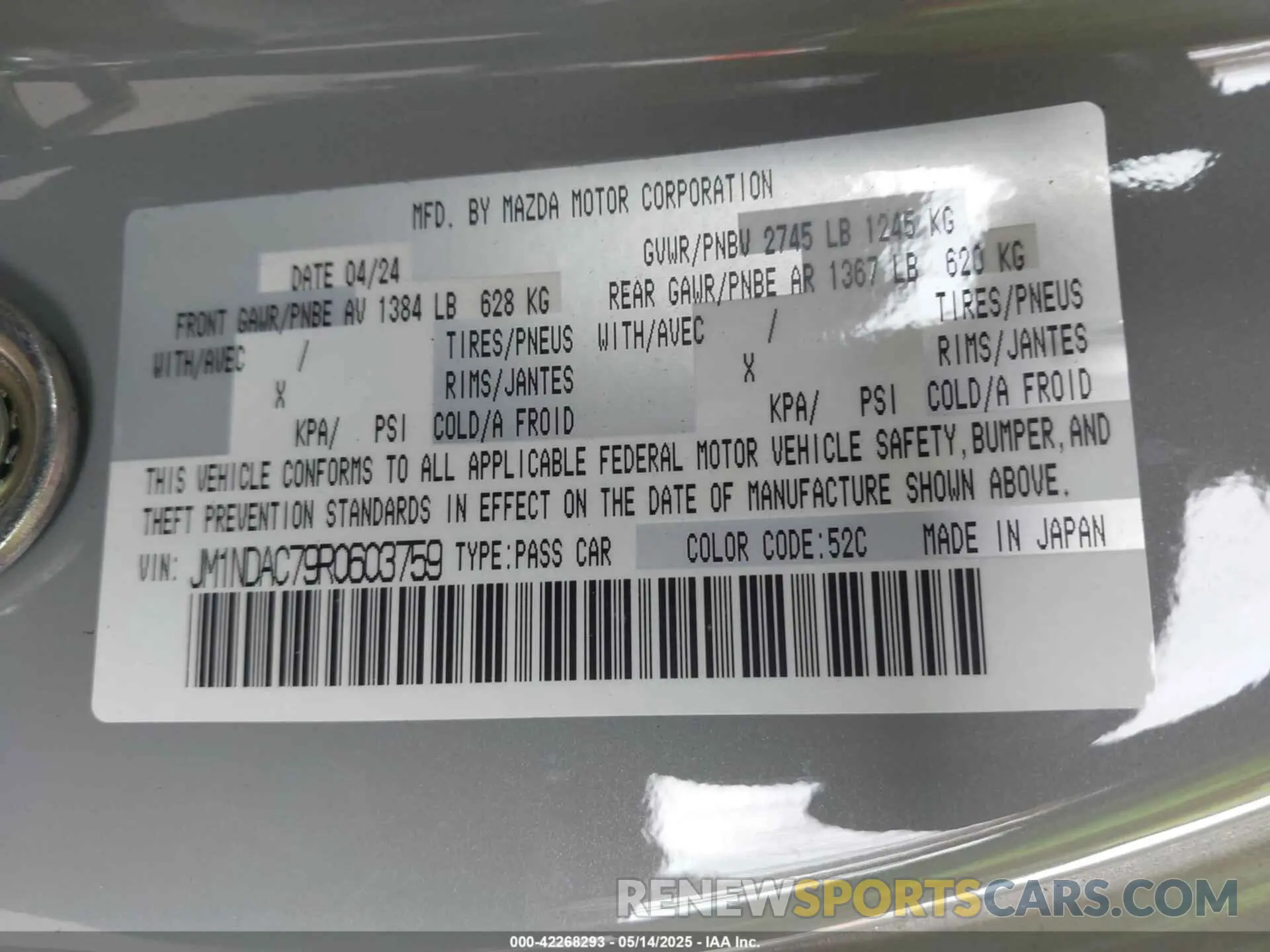 9 Фотография поврежденного автомобиля JM1NDAC79R0603759 MAZDA MX-5 MIATA 2024