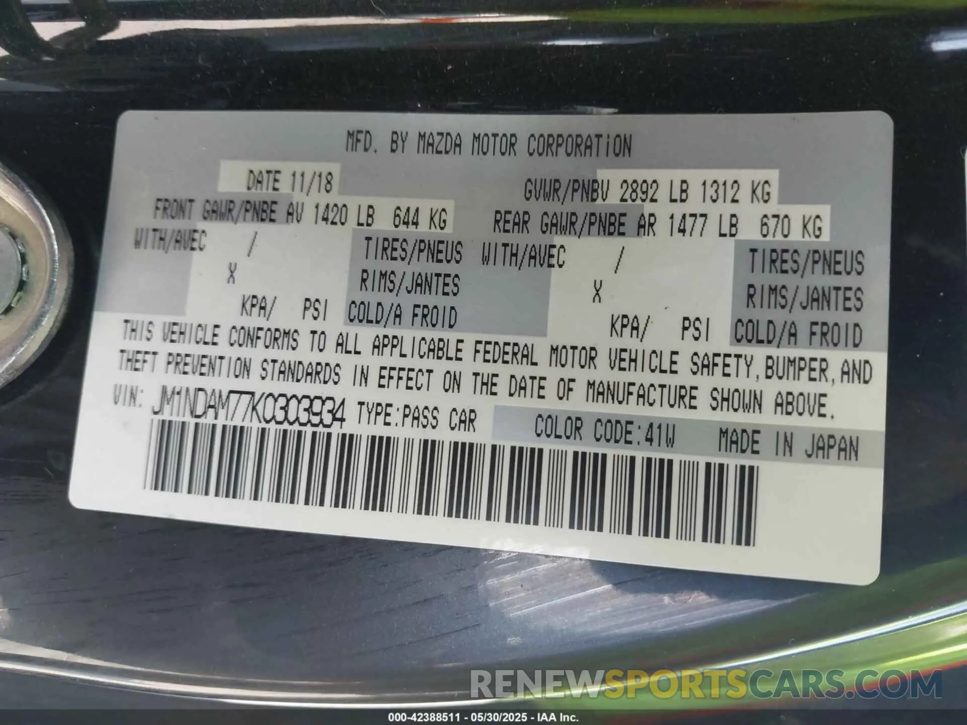 9 Photograph of a damaged car JM1NDAM77K0303934 MAZDA MX-5 MIATA RF 2019