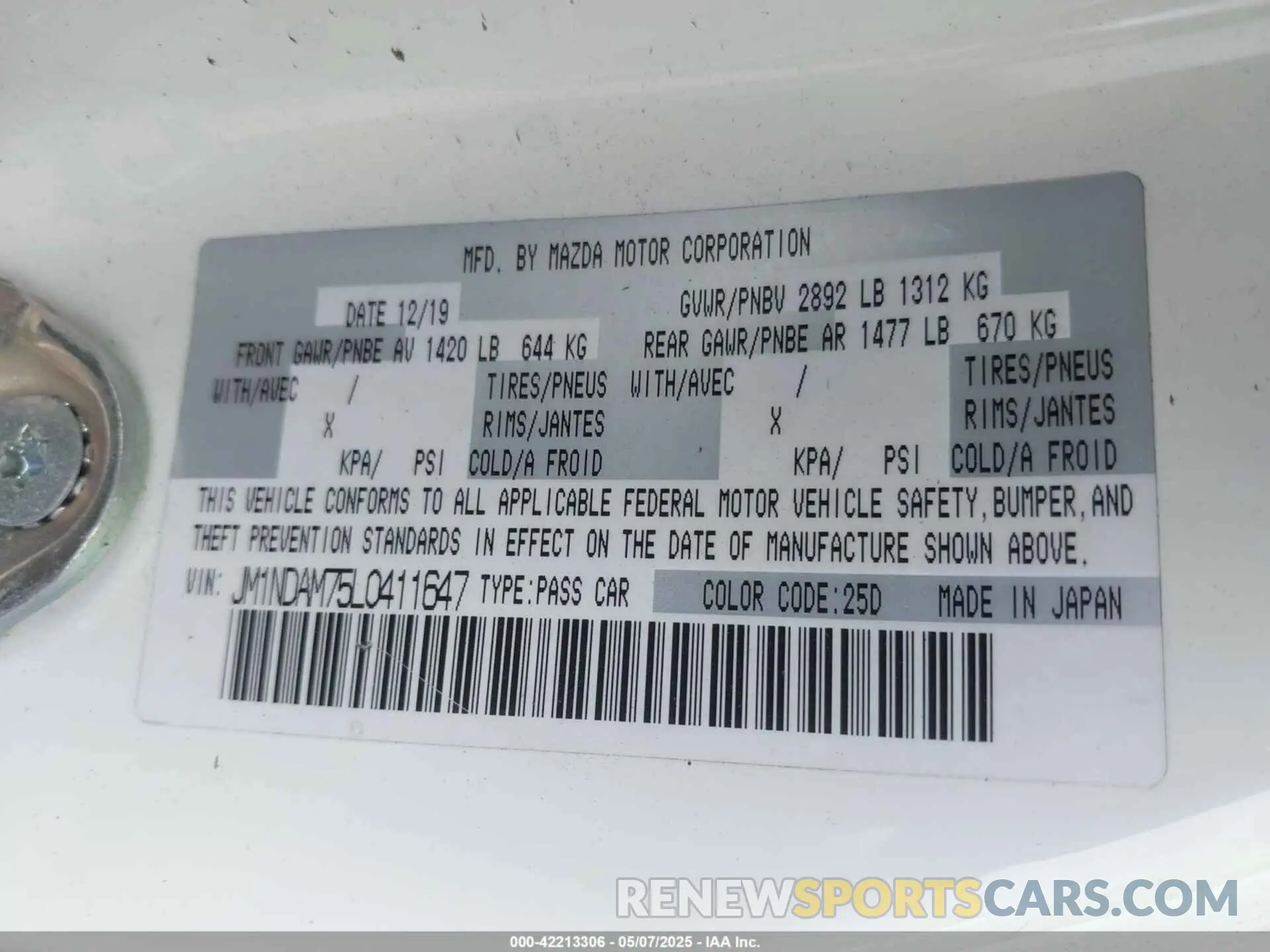 9 Photograph of a damaged car JM1NDAM75L0411647 MAZDA MX-5 MIATA RF 2020