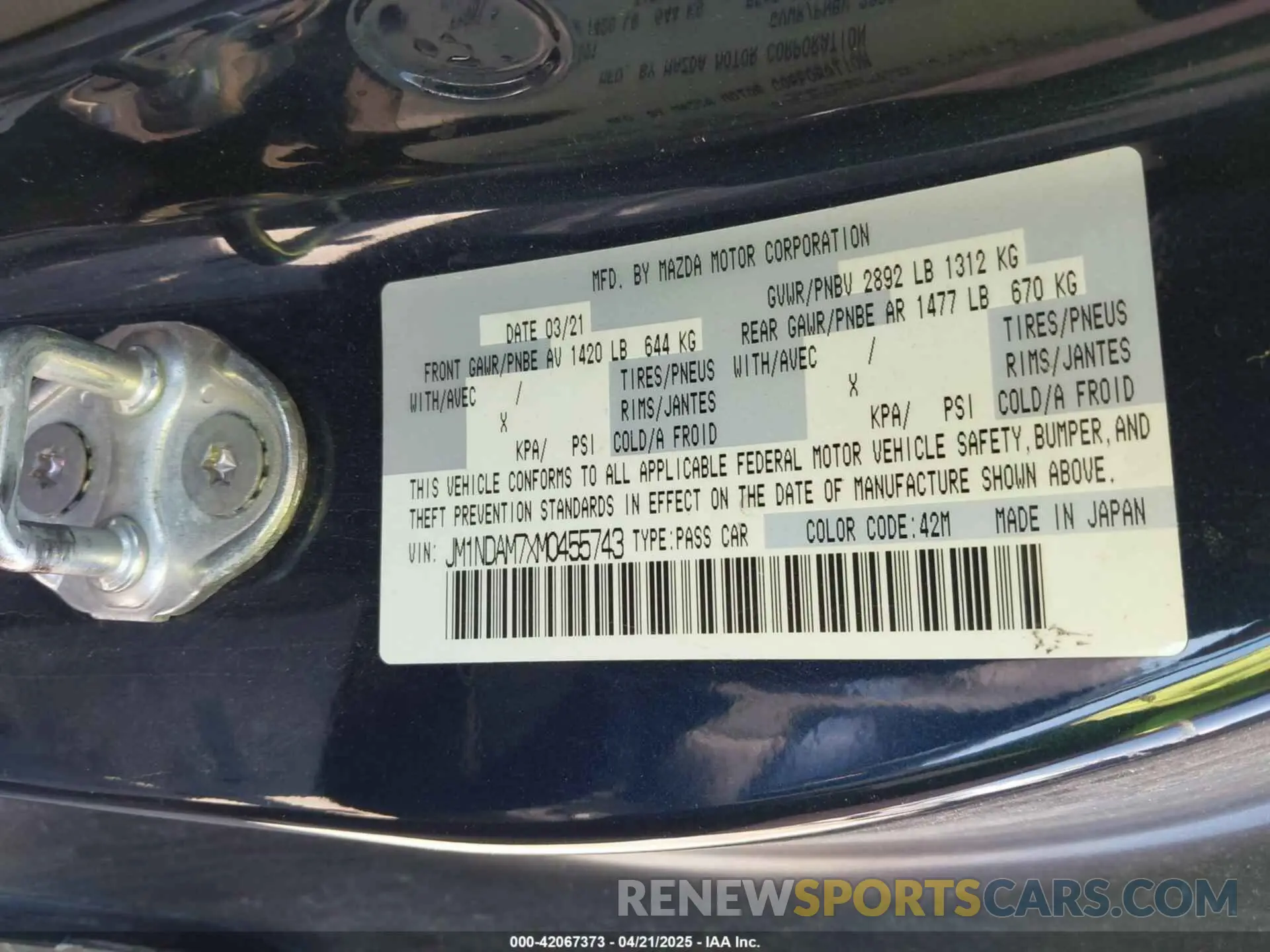 9 Фотография поврежденного автомобиля JM1NDAM7XM0455743 MAZDA MX-5 MIATA RF 2021