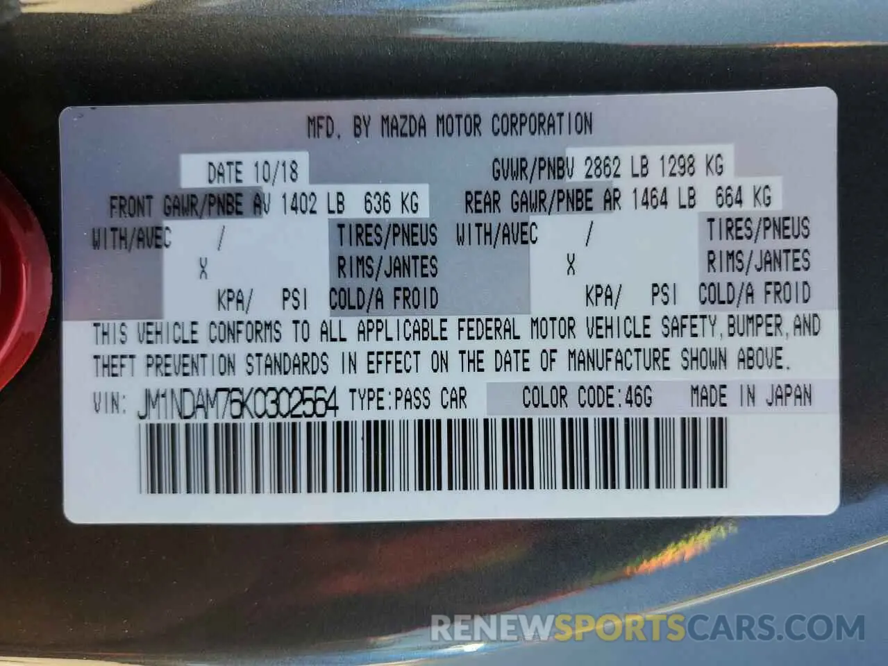 12 Фотография поврежденного автомобиля JM1NDAM76K0302564 MAZDA MX5 2019