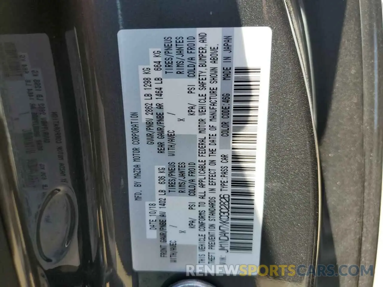 13 Photograph of a damaged car JM1NDAM7XK0302826 MAZDA MX5 2019