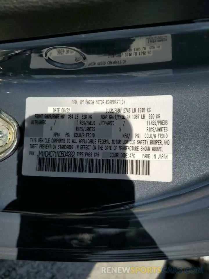 12 Photograph of a damaged car JM1NDAC71N0504282 MAZDA MX5 2022