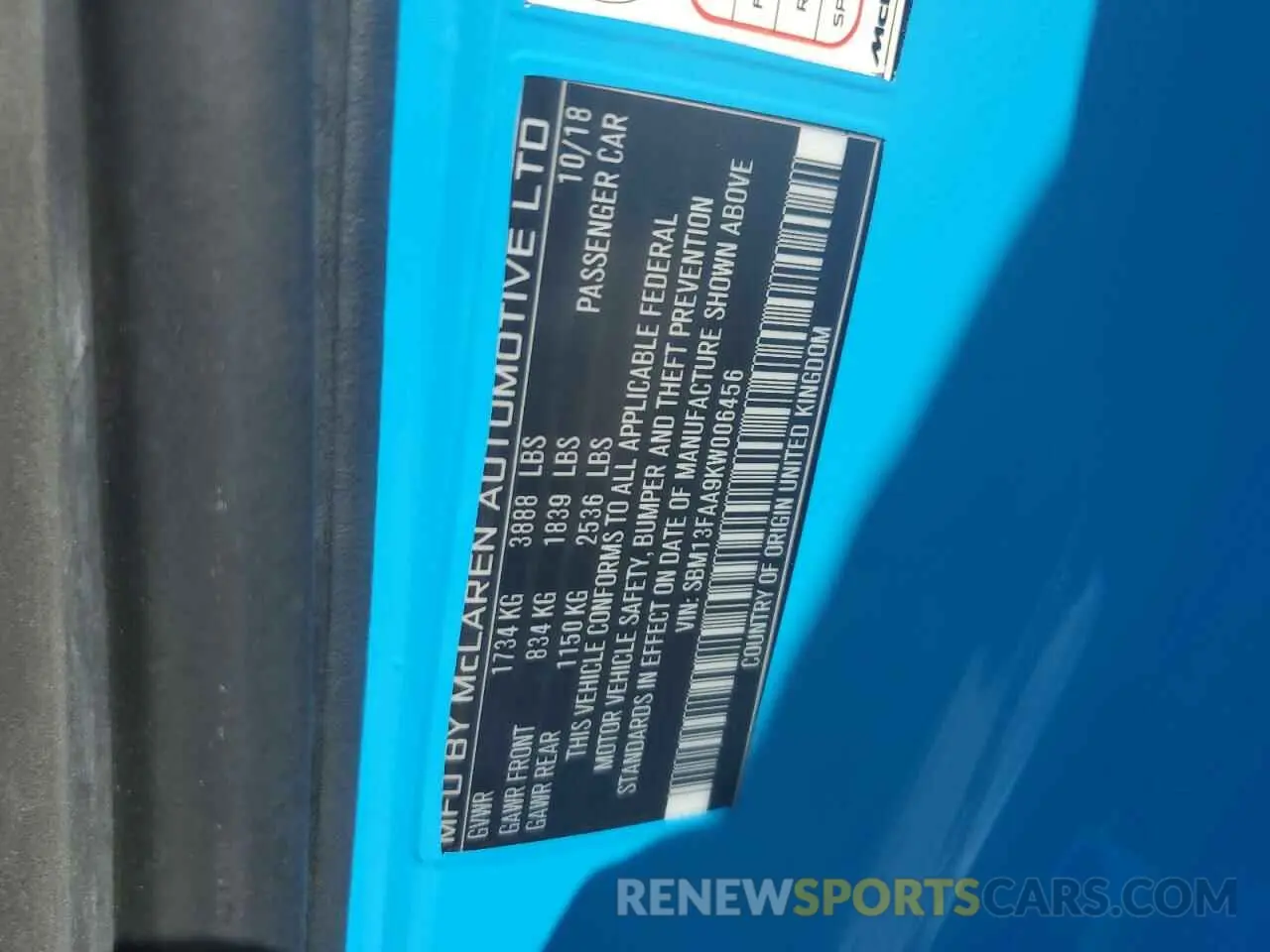 12 Photograph of a damaged car SBM13FAA9KW006456 MCLAREN AUTOMOTIVE ALL MODELS 2019