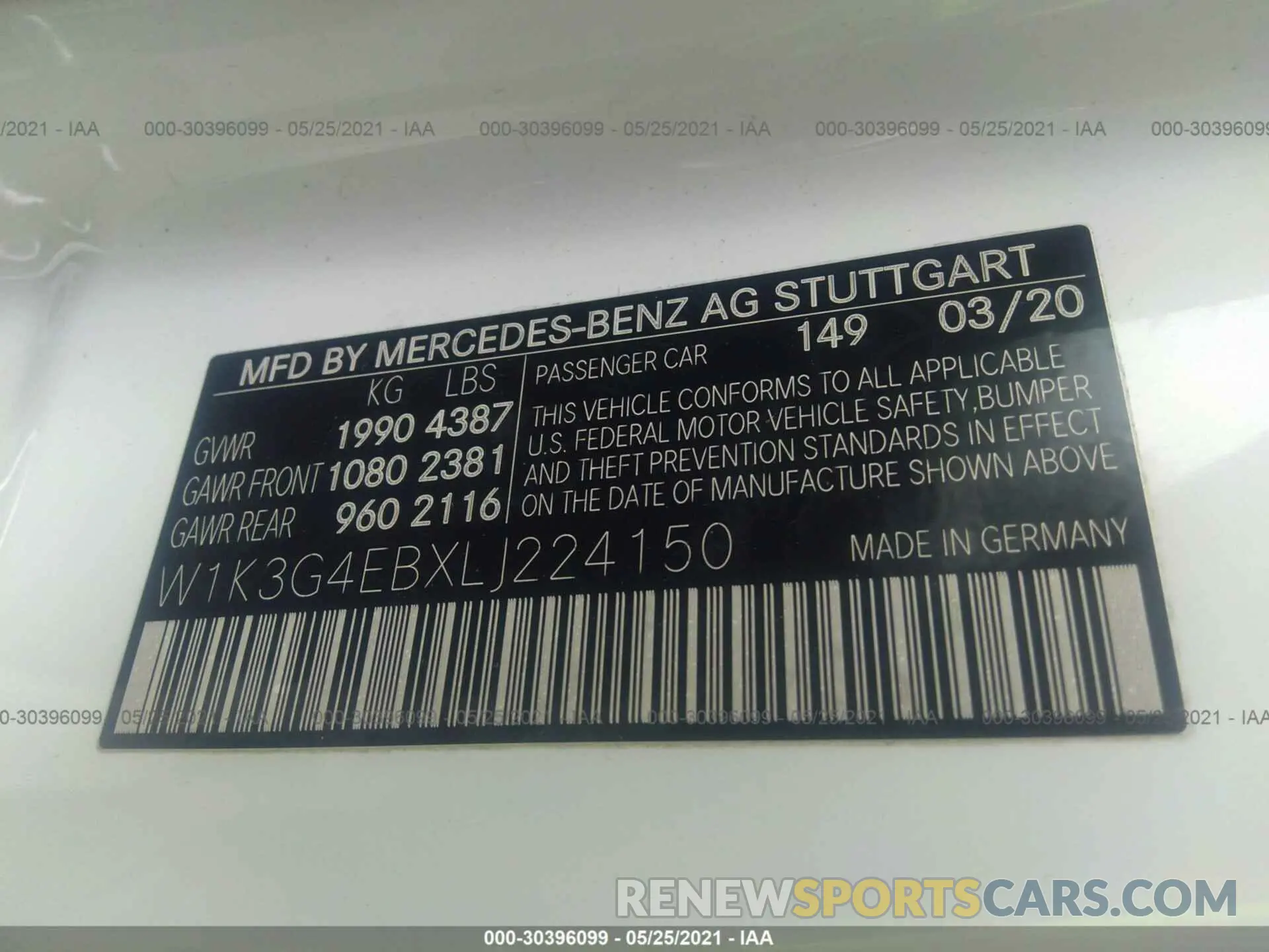 9 Photograph of a damaged car W1K3G4EBXLJ224150 MERCEDES-BENZ A-CLASS 2020