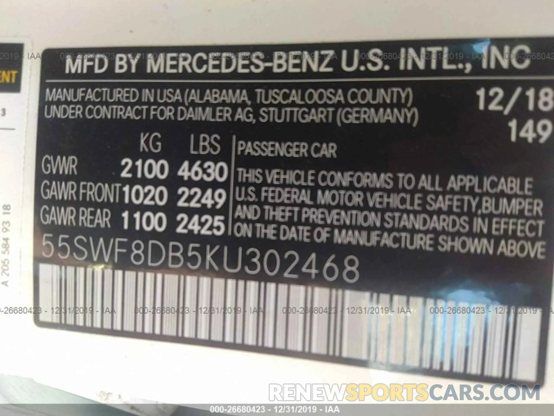9 Photograph of a damaged car 55SWF8DB5KU302468 MERCEDES-BENZ C 2019