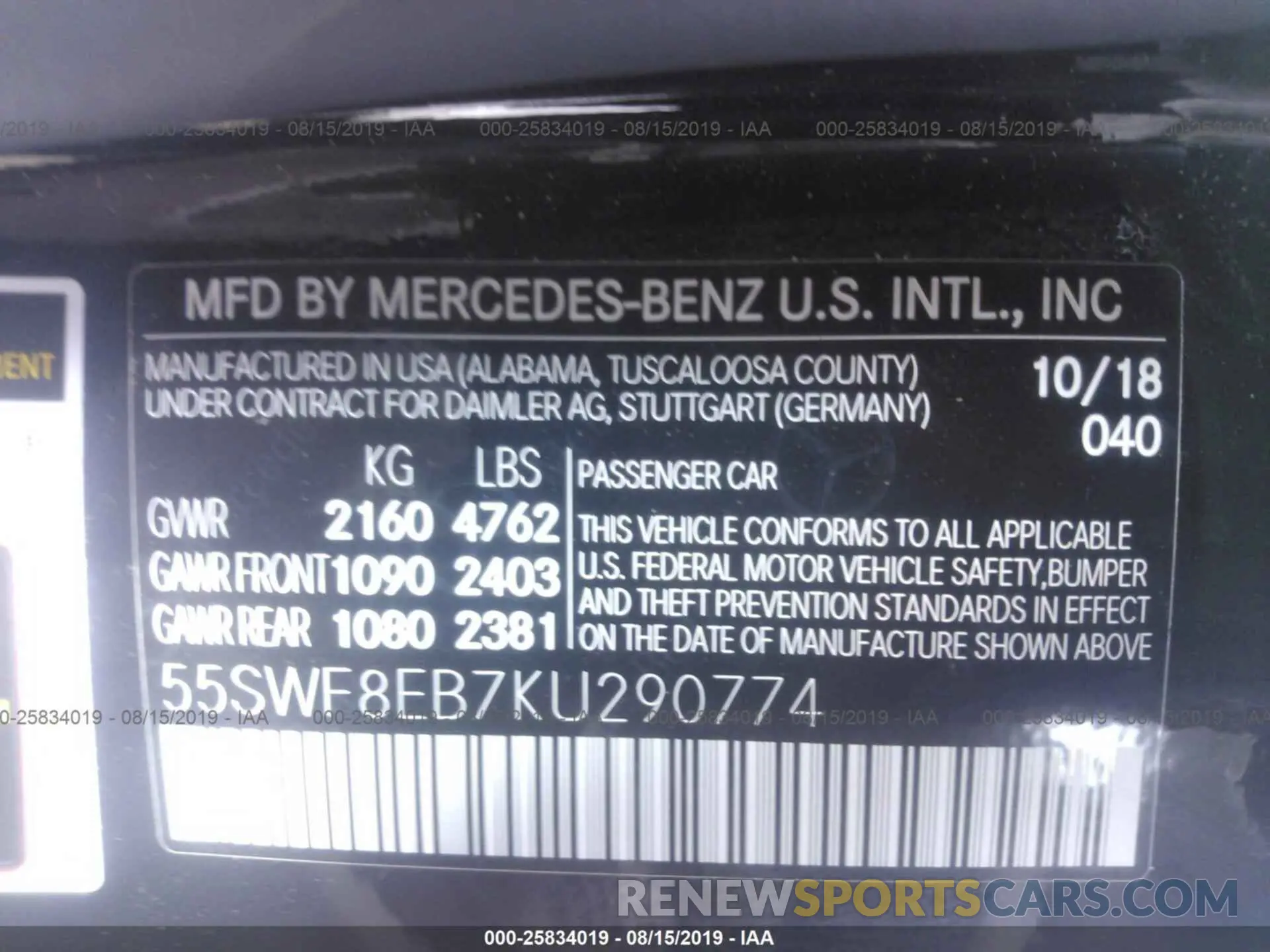 9 Photograph of a damaged car 55SWF8EB7KU290774 MERCEDES-BENZ C 2019