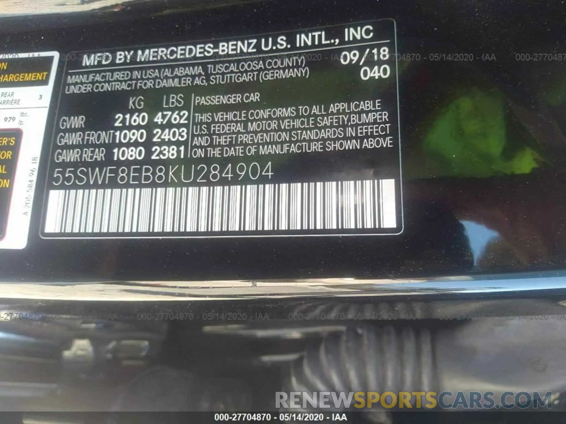 9 Photograph of a damaged car 55SWF8EB8KU284904 MERCEDES-BENZ C 2019