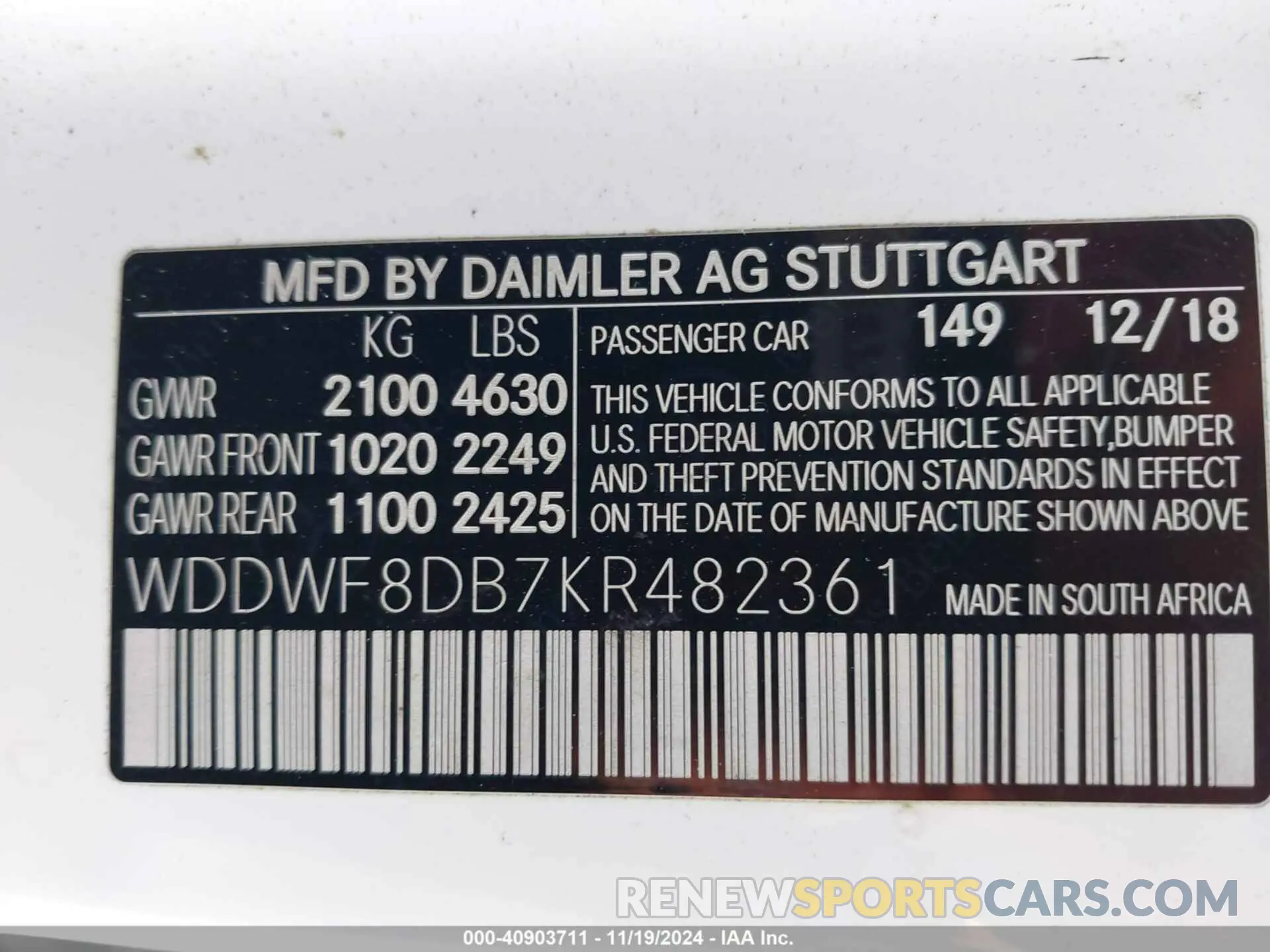 9 Фотография поврежденного автомобиля WDDWF8DB7KR482361 MERCEDES-BENZ C 300 2019