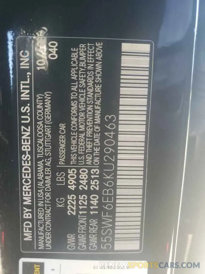 12 Photograph of a damaged car 55SWF6EB6KU290463 MERCEDES-BENZ C-CLASS 2019