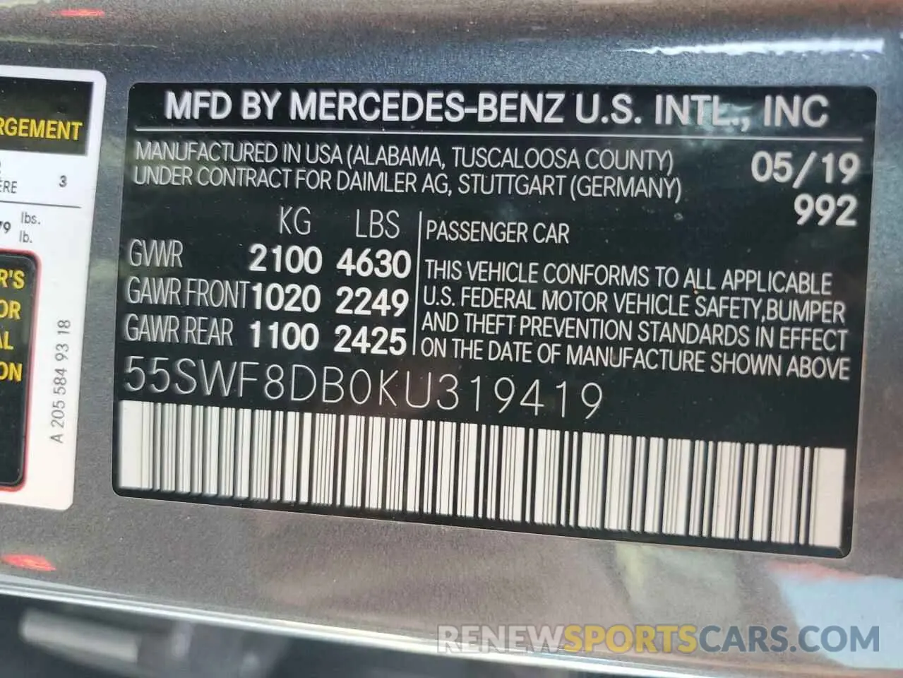 12 Photograph of a damaged car 55SWF8DB0KU319419 MERCEDES-BENZ C-CLASS 2019