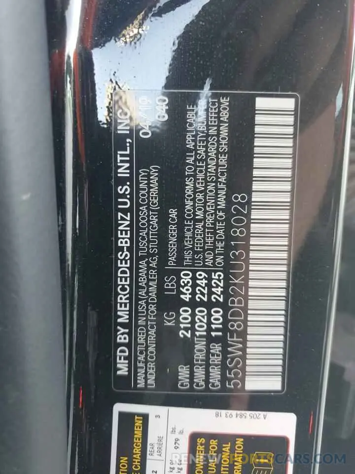 12 Photograph of a damaged car 55SWF8DB2KU318028 MERCEDES-BENZ C-CLASS 2019