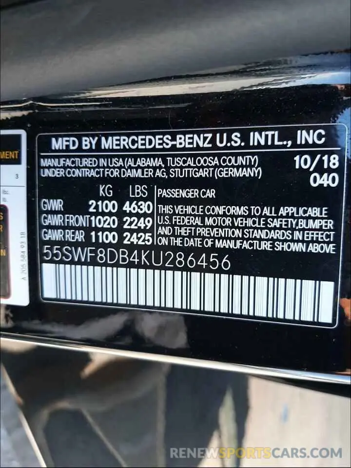 10 Photograph of a damaged car 55SWF8DB4KU286456 MERCEDES-BENZ C CLASS 2019