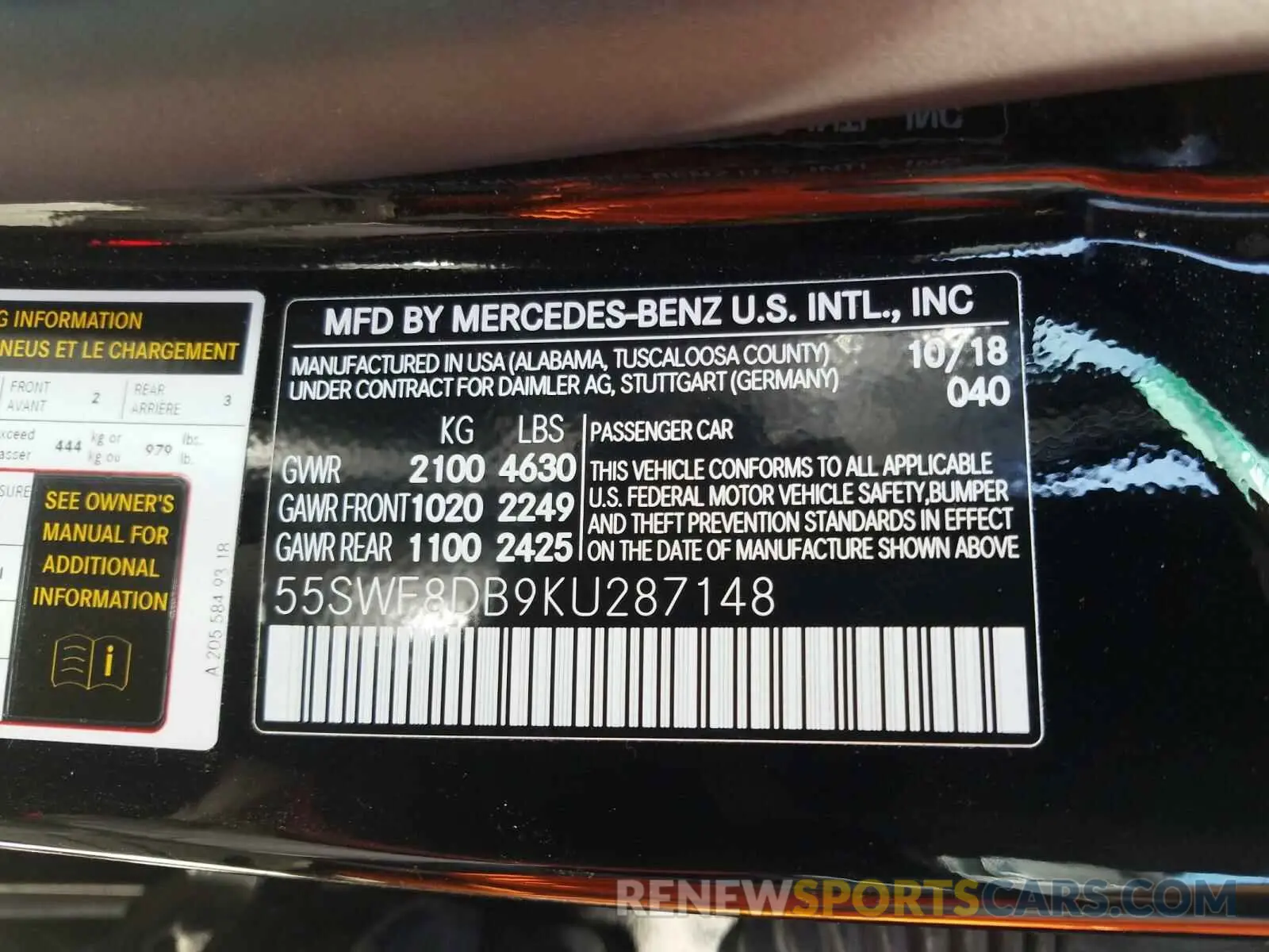 10 Photograph of a damaged car 55SWF8DB9KU287148 MERCEDES-BENZ C CLASS 2019