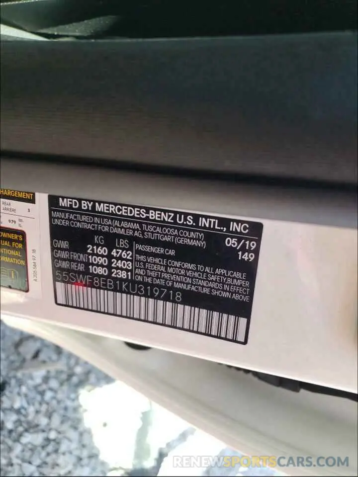 10 Photograph of a damaged car 55SWF8EB1KU319718 MERCEDES-BENZ C CLASS 2019