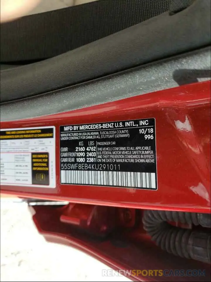 10 Photograph of a damaged car 55SWF8EB4KU291011 MERCEDES-BENZ C CLASS 2019