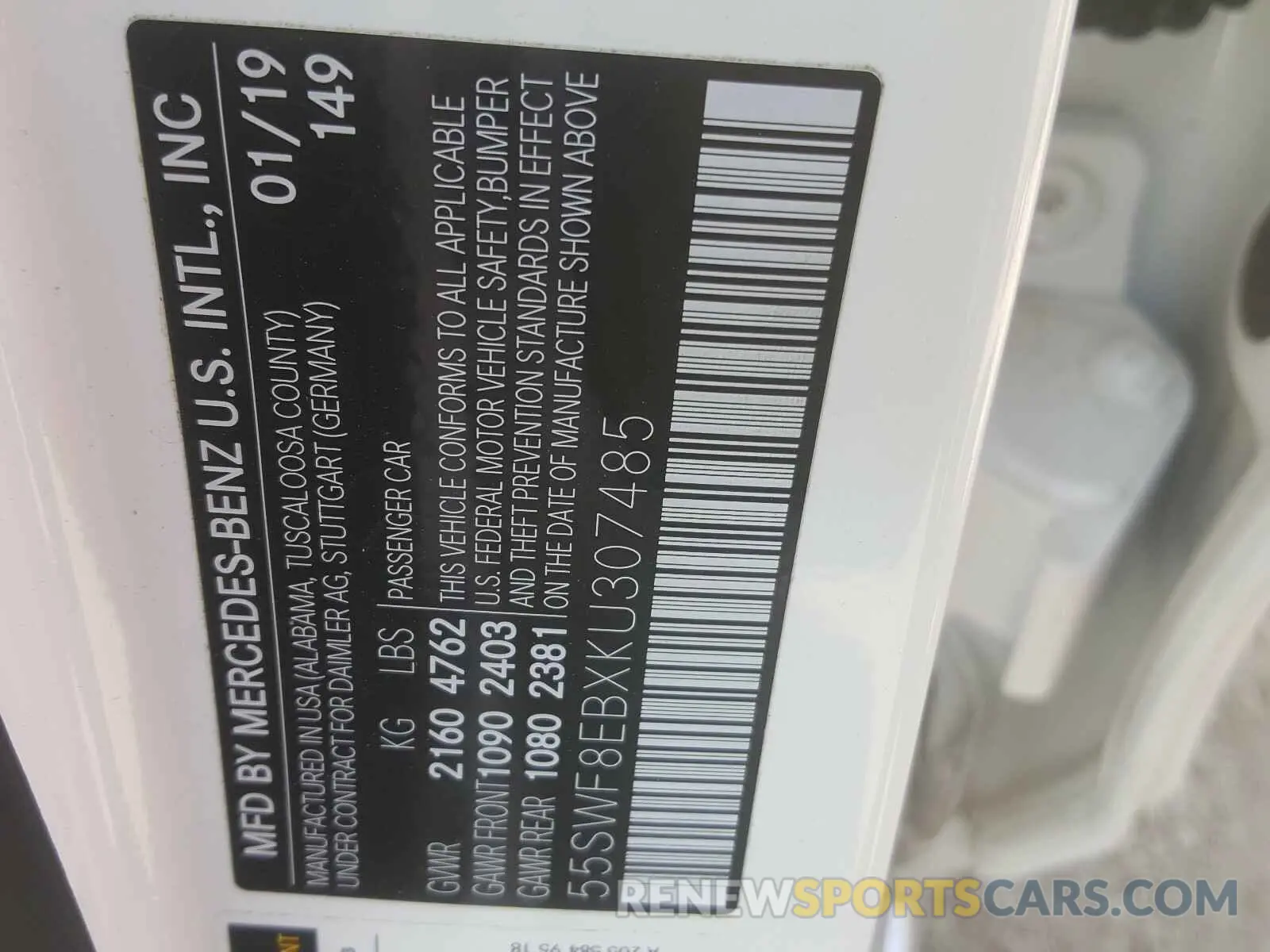 10 Photograph of a damaged car 55SWF8EBXKU307485 MERCEDES-BENZ C CLASS 2019