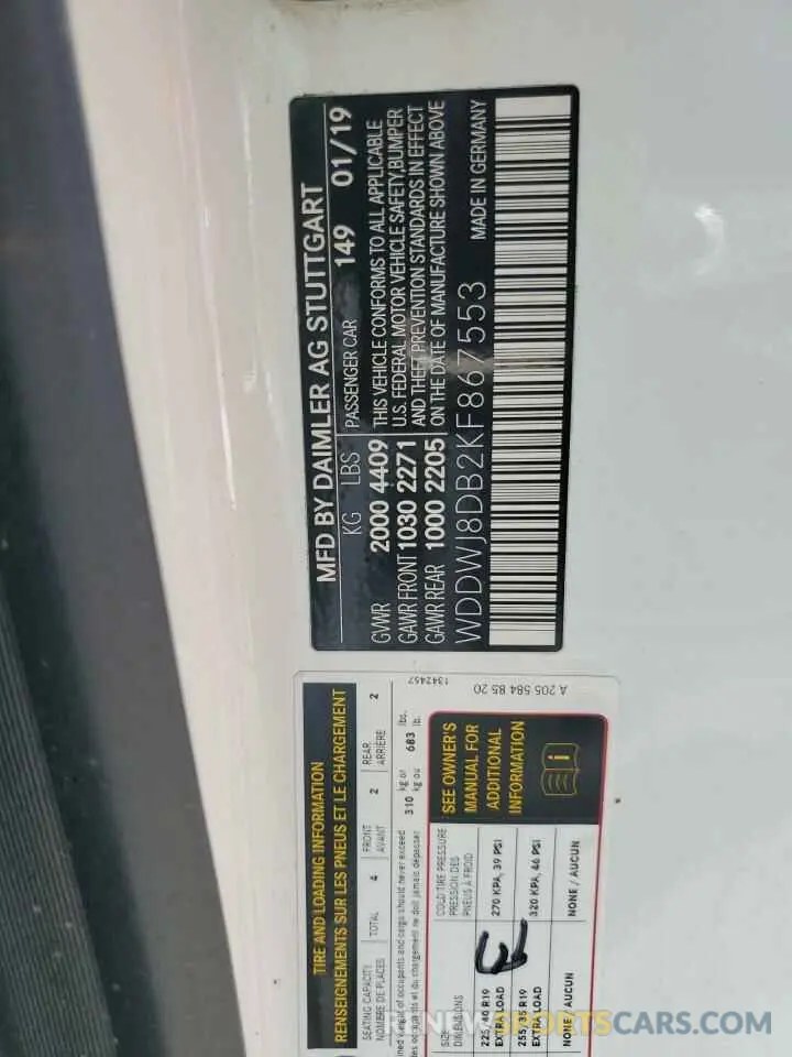 12 Photograph of a damaged car WDDWJ8DB2KF867553 MERCEDES-BENZ C-CLASS 2019
