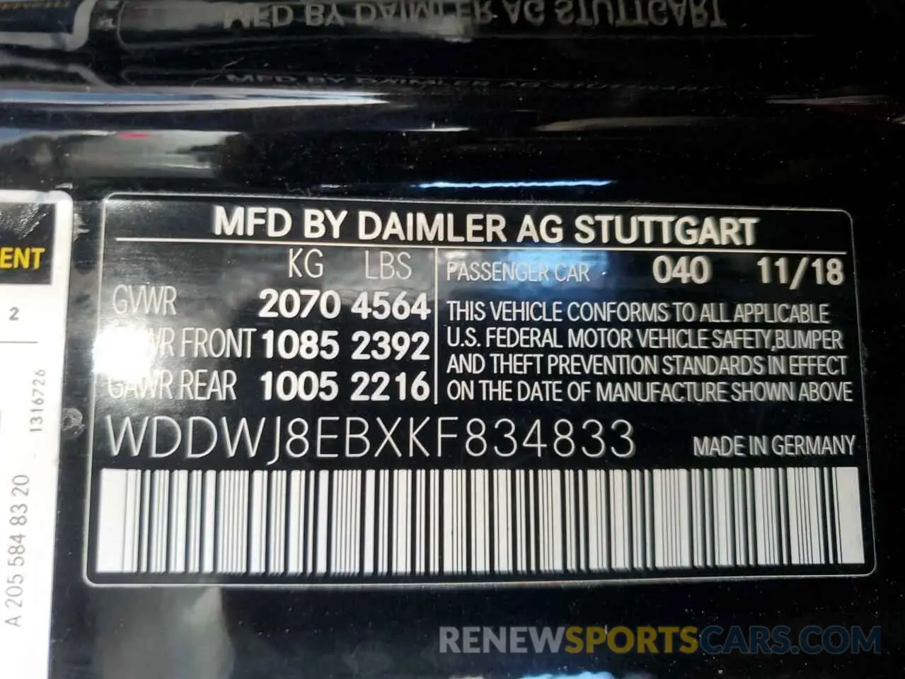 12 Фотография поврежденного автомобиля WDDWJ8EBXKF834833 MERCEDES-BENZ C-CLASS 2019