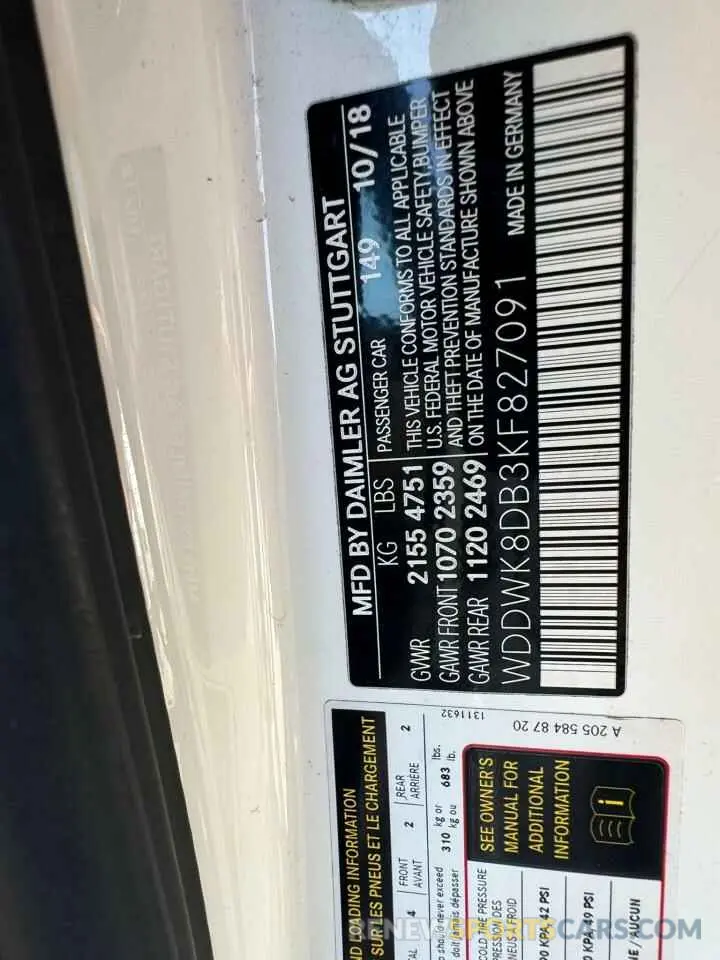 10 Фотография поврежденного автомобиля WDDWK8DB3KF827091 MERCEDES-BENZ C-CLASS 2019