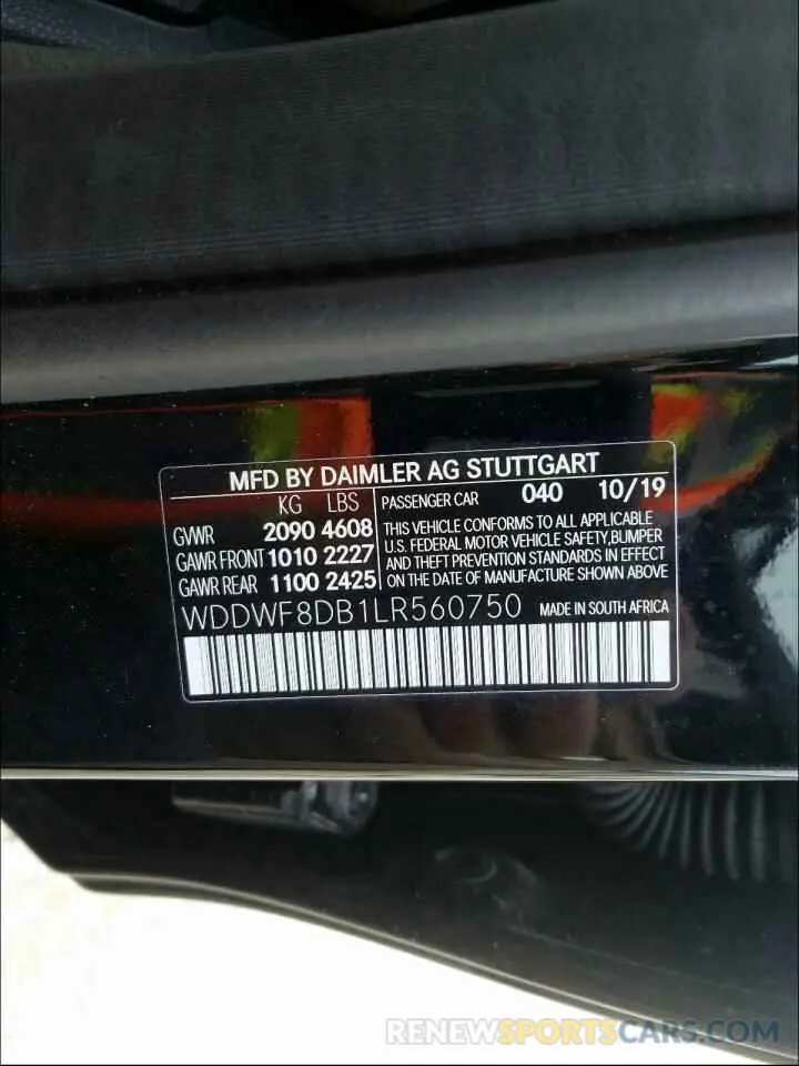 10 Photograph of a damaged car WDDWF8DB1LR560750 MERCEDES-BENZ C CLASS 2020