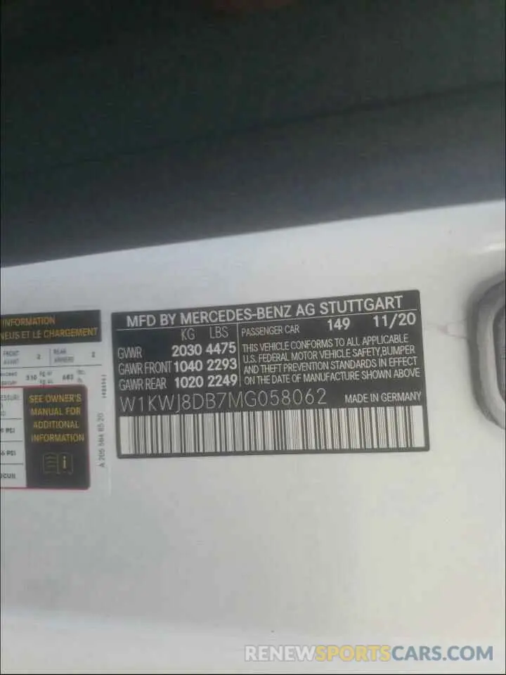 10 Photograph of a damaged car W1KWJ8DB7MG058062 MERCEDES-BENZ C CLASS 2021