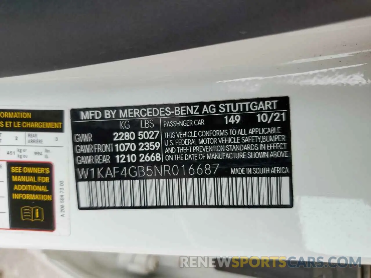 12 Photograph of a damaged car W1KAF4GB5NR016687 MERCEDES-BENZ C-CLASS 2022