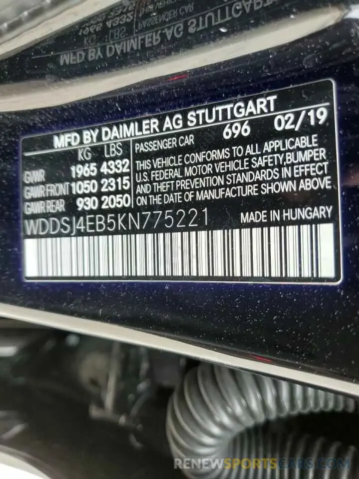 10 Фотография поврежденного автомобиля WDDSJ4EB5KN775221 MERCEDES-BENZ CLA-CLASS 2019
