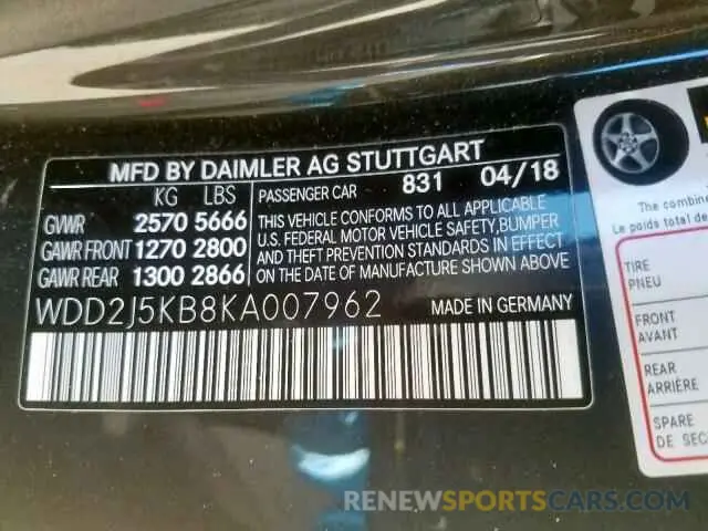 10 Photograph of a damaged car WDD2J5KB8KA007962 MERCEDES-BENZ CLS 450 4M 2019