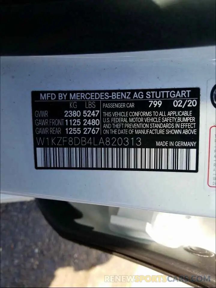 10 Photograph of a damaged car W1KZF8DB4LA820313 MERCEDES-BENZ E CLASS 2020