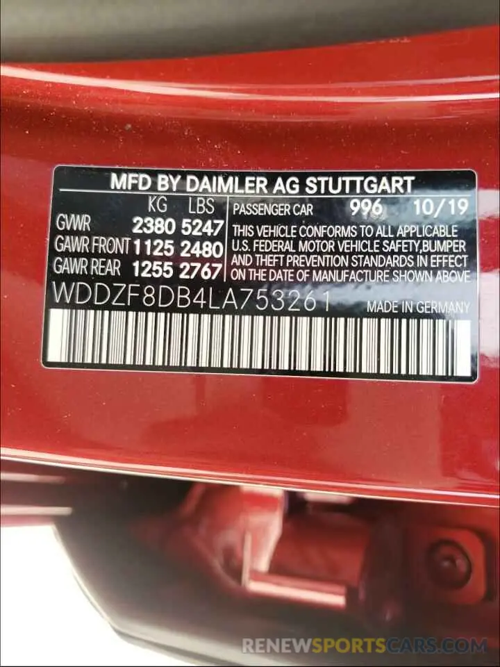 10 Photograph of a damaged car WDDZF8DB4LA753261 MERCEDES-BENZ E-CLASS 2020
