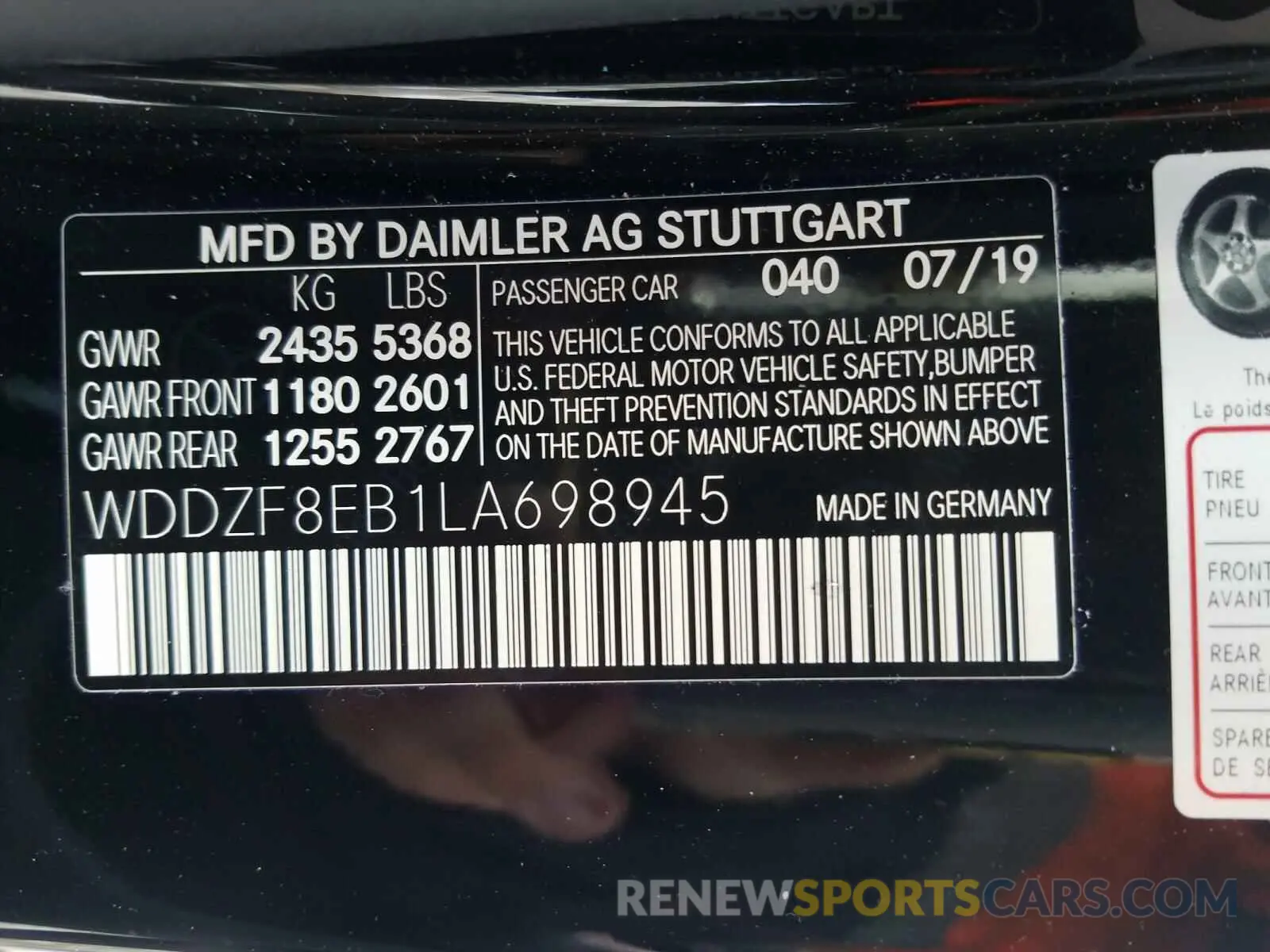 10 Photograph of a damaged car WDDZF8EB1LA698945 MERCEDES-BENZ E CLASS 2020