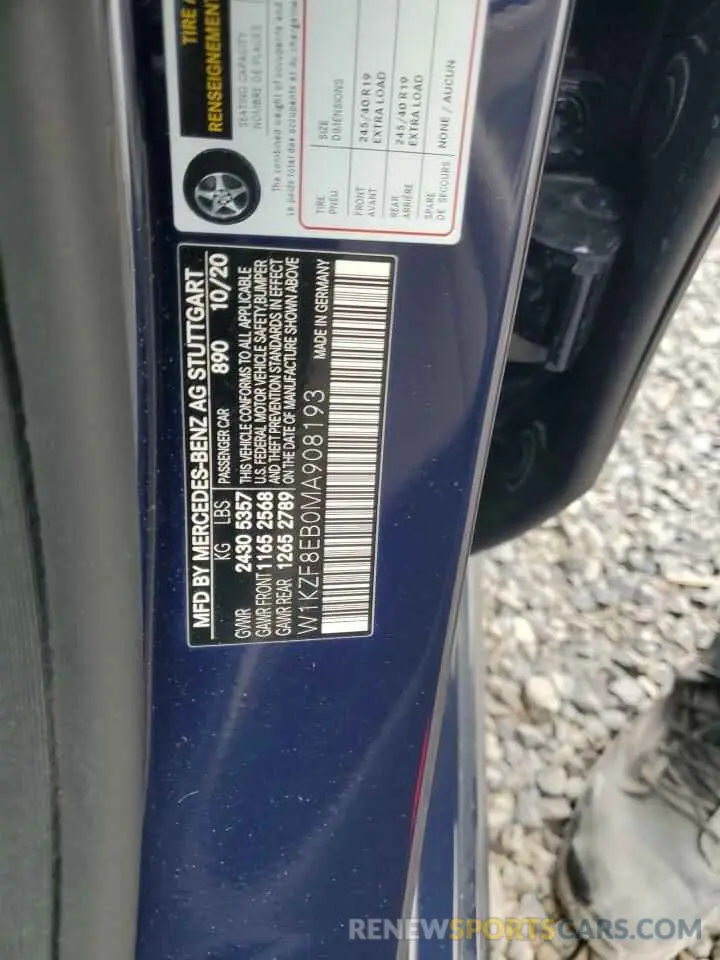 12 Фотография поврежденного автомобиля W1KZF8EB0MA908193 MERCEDES-BENZ E-CLASS 2021