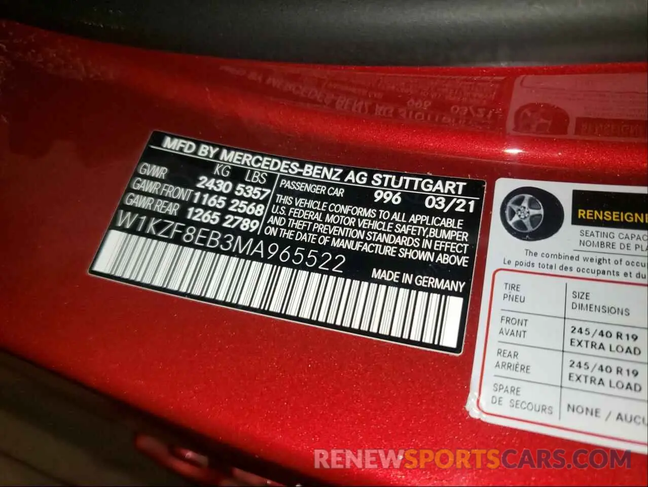 10 Photograph of a damaged car W1KZF8EB3MA965522 MERCEDES-BENZ E-CLASS 2021