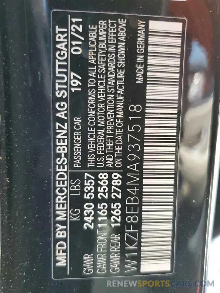 12 Photograph of a damaged car W1KZF8EB4MA937518 MERCEDES-BENZ E-CLASS 2021