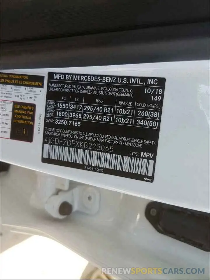 10 Photograph of a damaged car 4JGDF7DEXKB223065 MERCEDES-BENZ G CLASS 2019