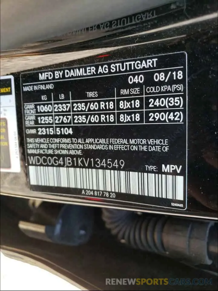 10 Photograph of a damaged car WDC0G4JB1KV134549 MERCEDES-BENZ G CLASS 2019