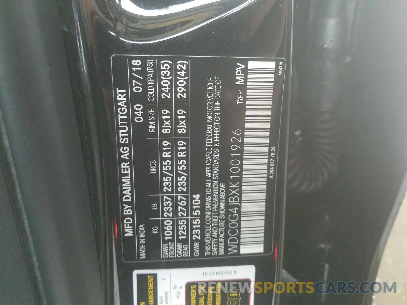 10 Photograph of a damaged car WDC0G4JBXK1001926 MERCEDES-BENZ G CLASS 2019