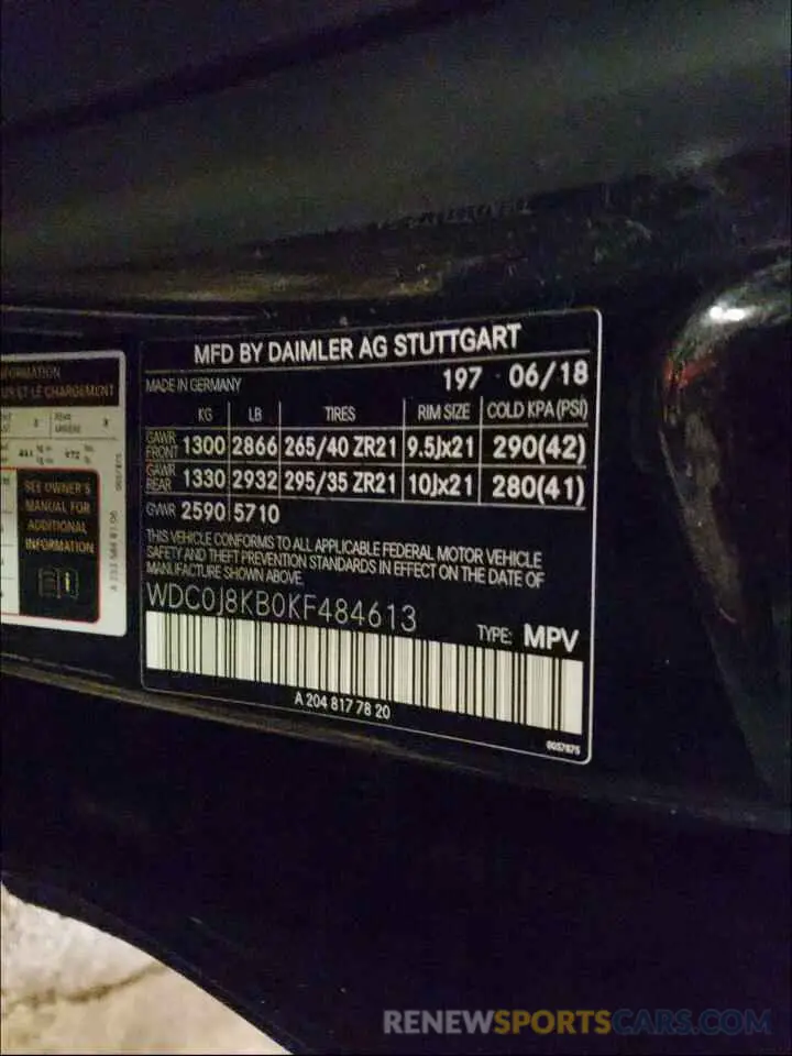 10 Photograph of a damaged car WDC0J8KB0KF484613 MERCEDES-BENZ G CLASS 2019