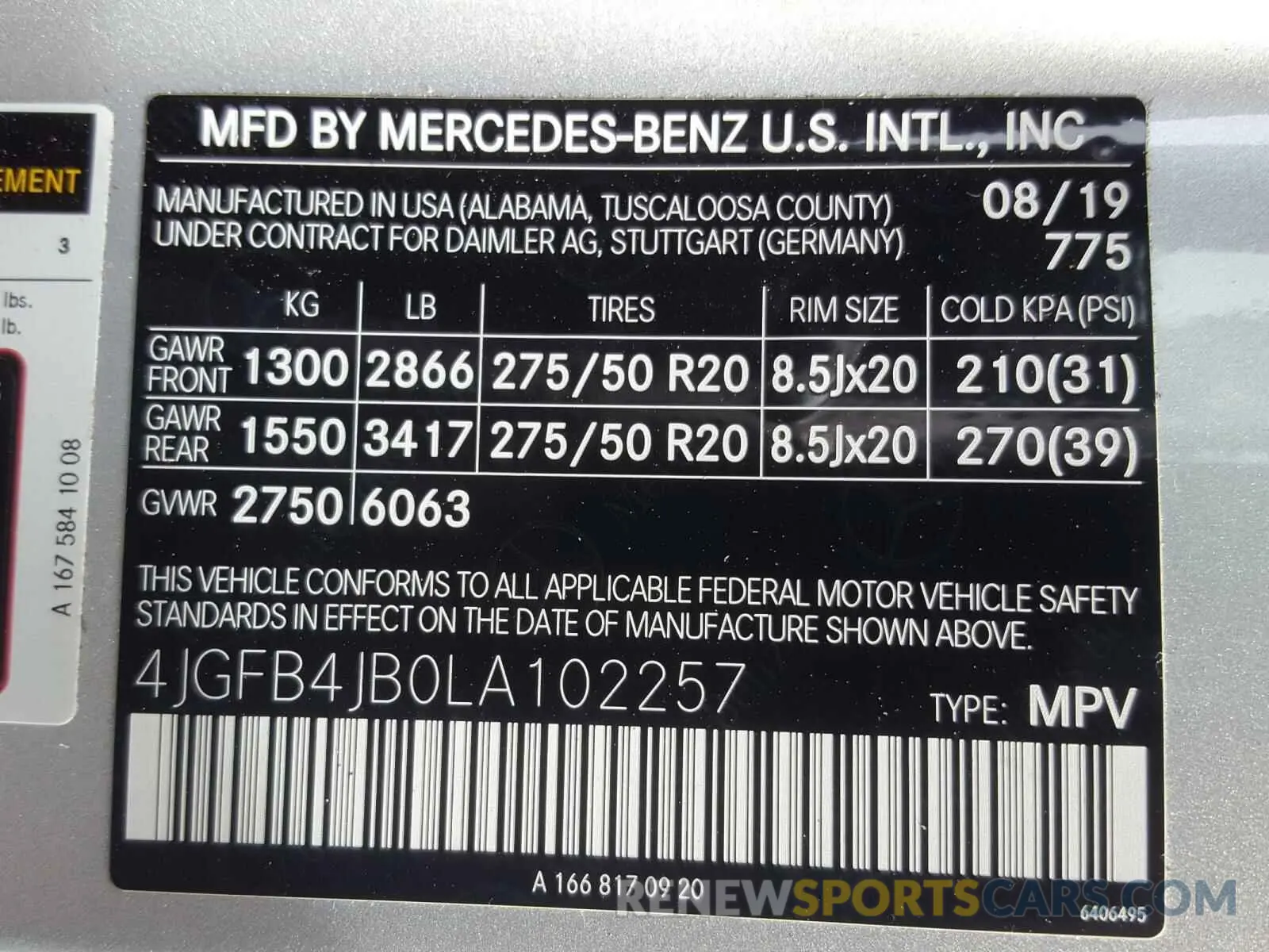 10 Photograph of a damaged car 4JGFB4JB0LA102257 MERCEDES-BENZ G CLASS 2020