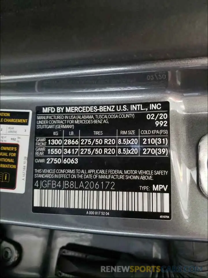 10 Photograph of a damaged car 4JGFB4JB8LA206172 MERCEDES-BENZ G CLASS 2020