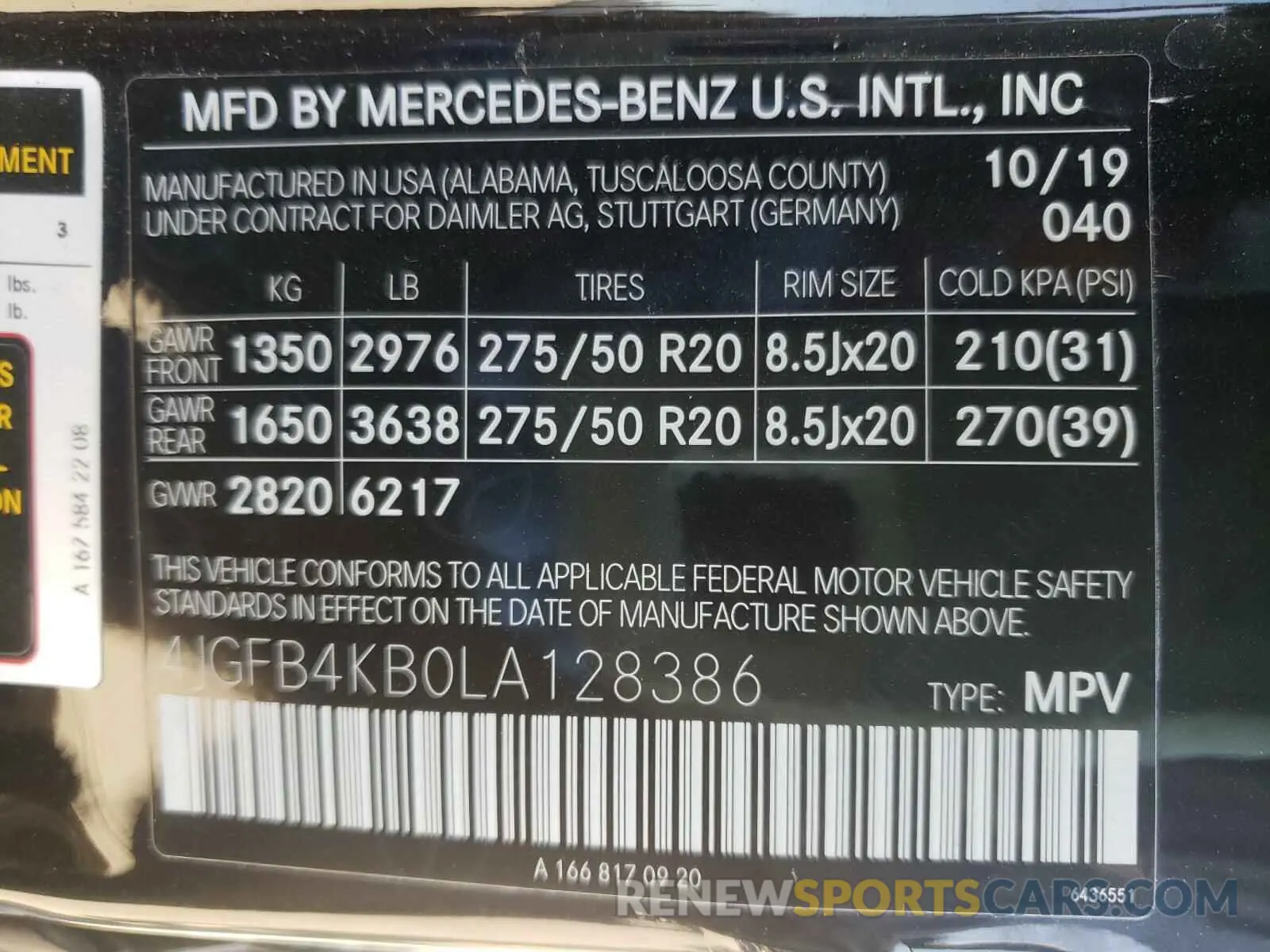 10 Photograph of a damaged car 4JGFB4KB0LA128386 MERCEDES-BENZ G CLASS 2020