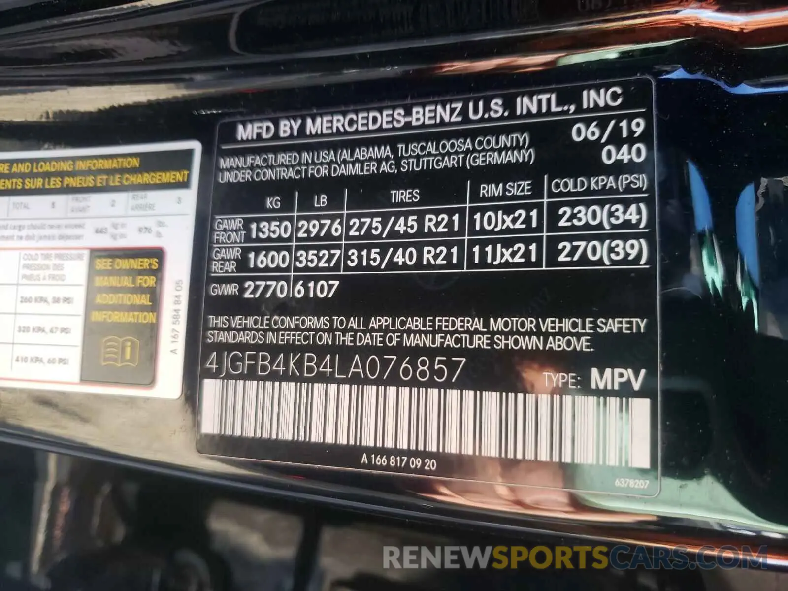 10 Photograph of a damaged car 4JGFB4KB4LA076857 MERCEDES-BENZ G CLASS 2020