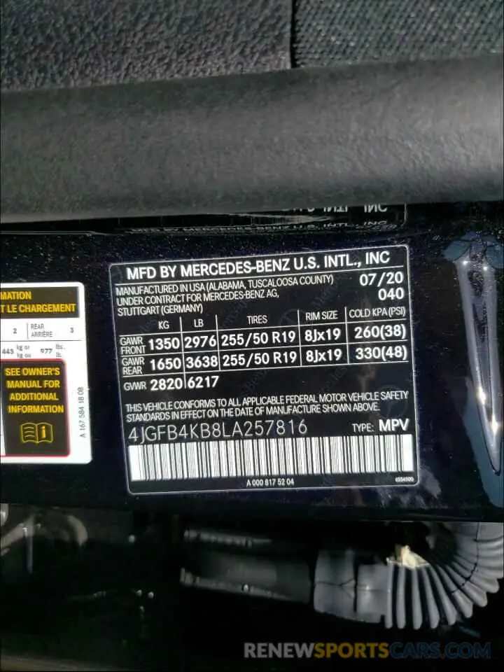 10 Photograph of a damaged car 4JGFB4KB8LA257816 MERCEDES-BENZ G CLASS 2020