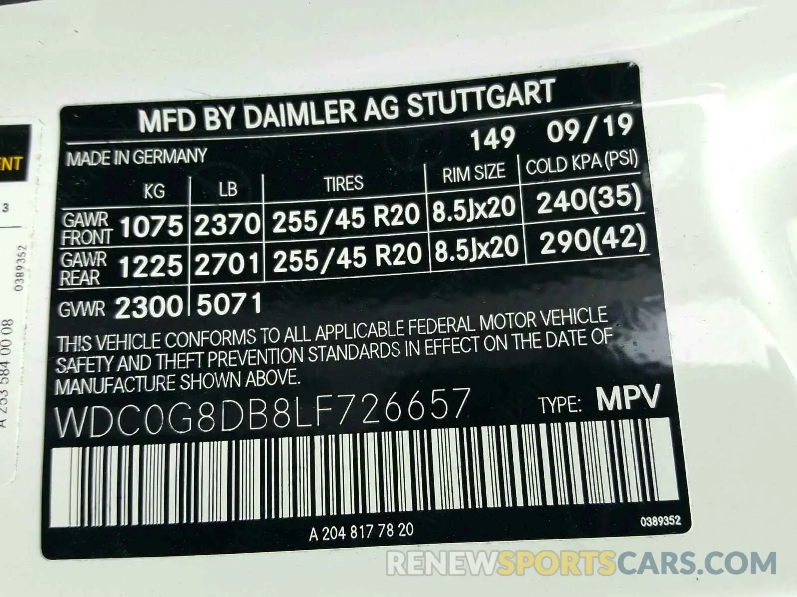 10 Photograph of a damaged car WDC0G8DB8LF726657 MERCEDES-BENZ G CLASS 2020