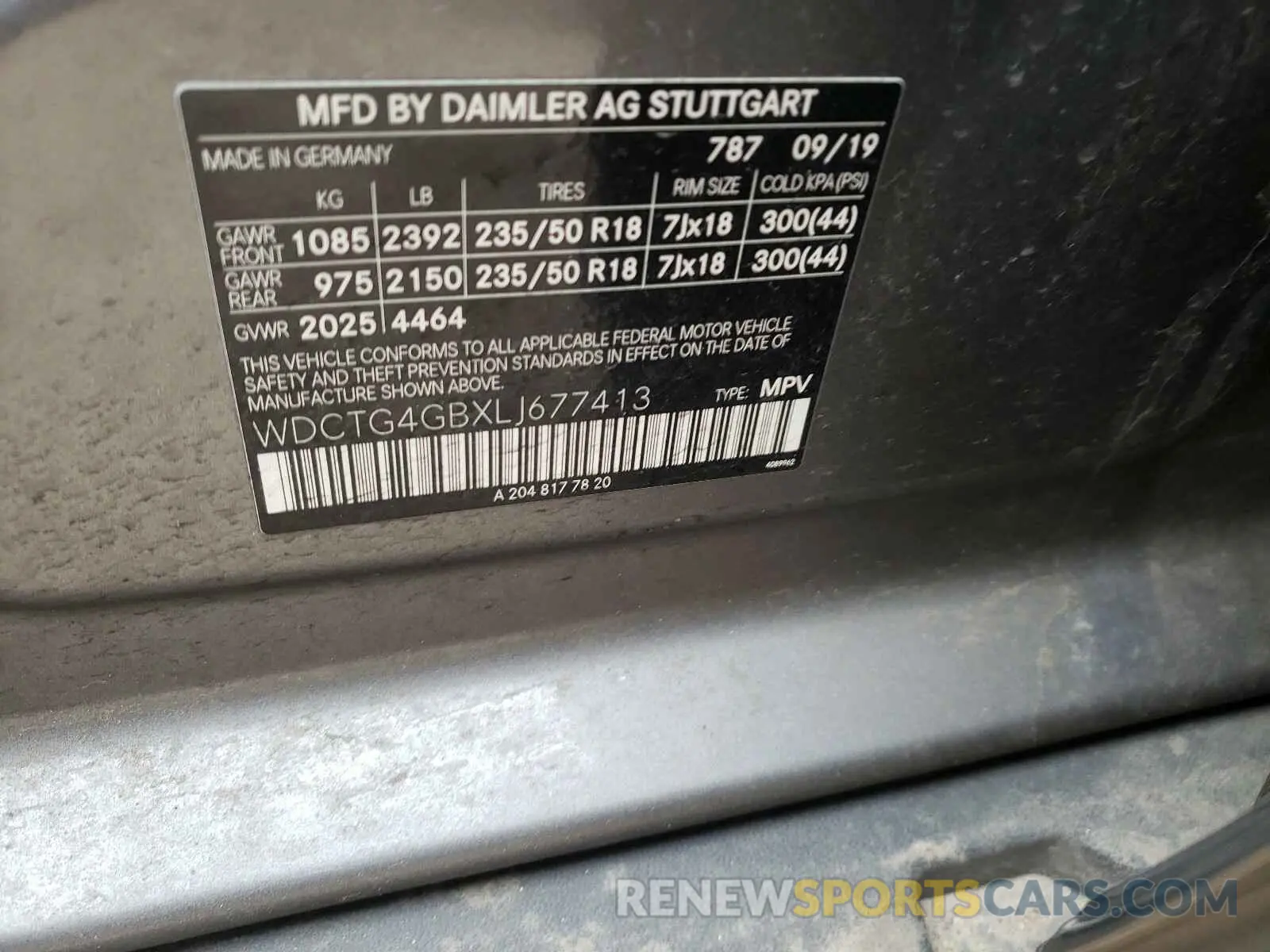10 Photograph of a damaged car WDCTG4GBXLJ677413 MERCEDES-BENZ G CLASS 2020