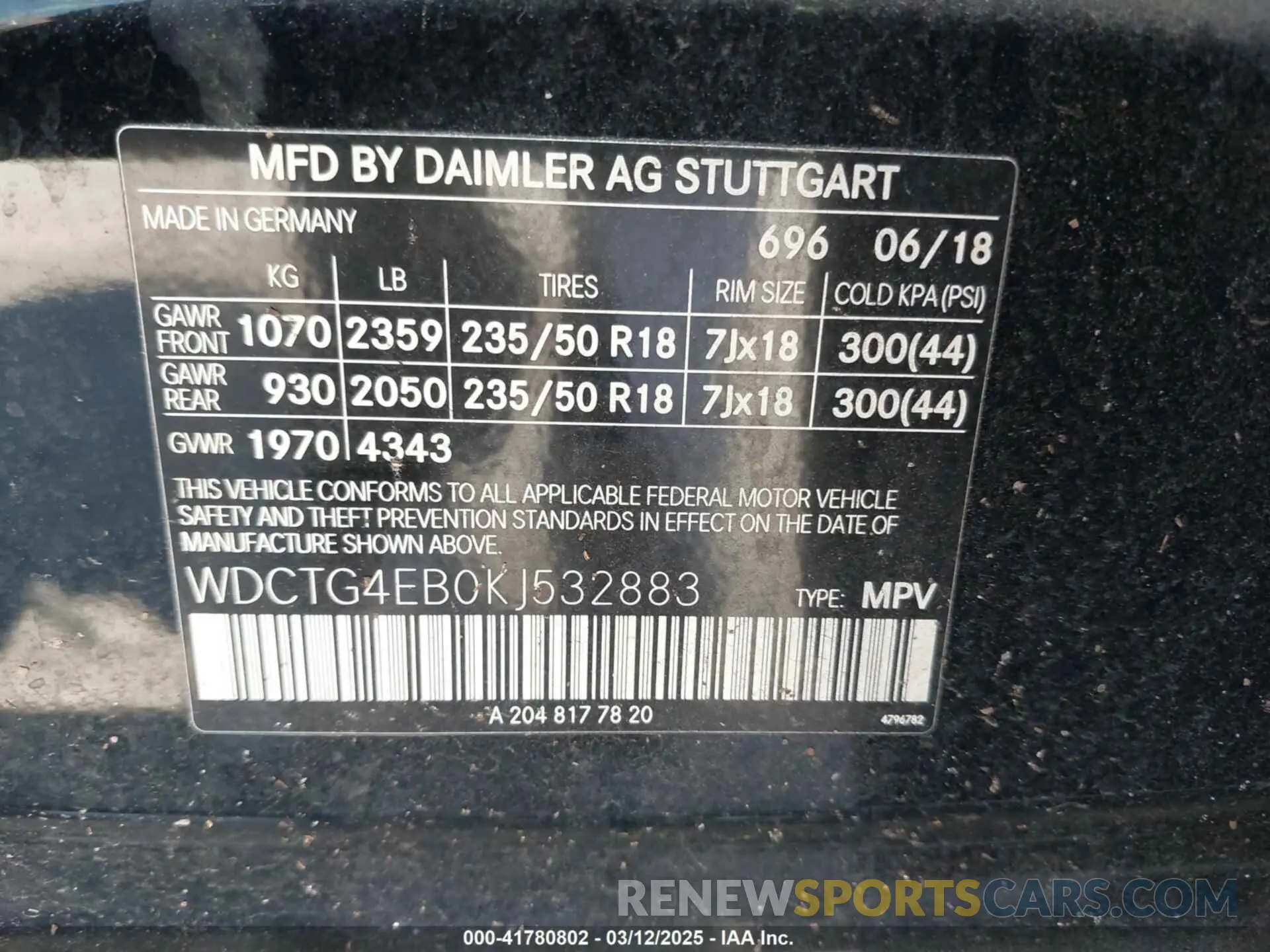 9 Фотография поврежденного автомобиля WDCTG4EB0KJ532883 MERCEDES-BENZ GLA 250 2019