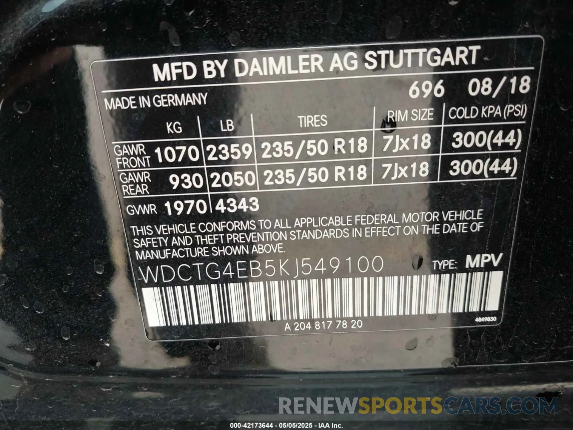9 Фотография поврежденного автомобиля WDCTG4EB5KJ549100 MERCEDES-BENZ GLA 250 2019