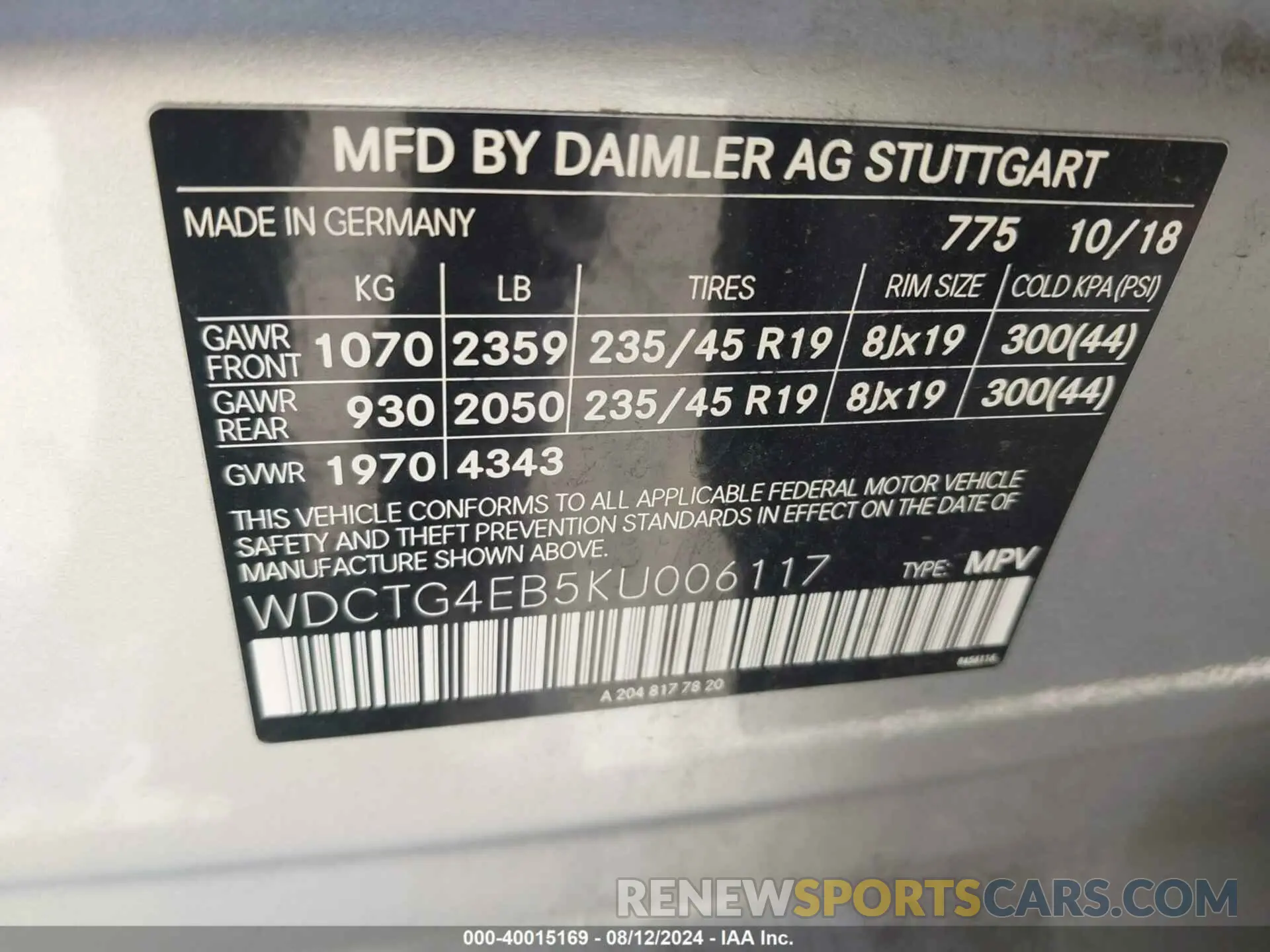 9 Фотография поврежденного автомобиля WDCTG4EB5KU006117 MERCEDES-BENZ GLA 250 2019
